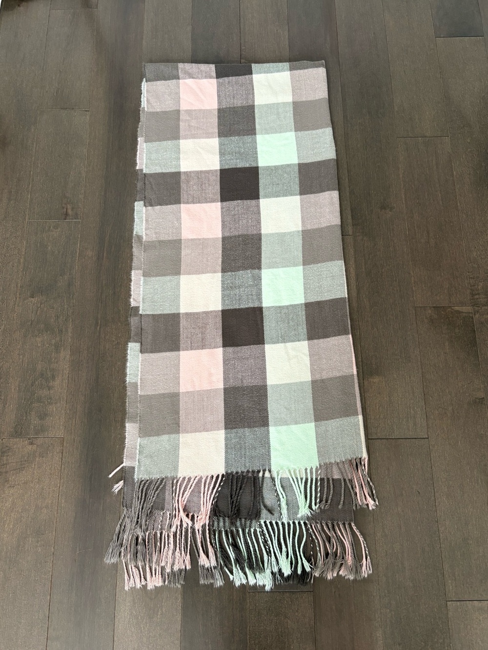 Indigo Plaid Scarf Frayed Fringe Detail Pink, Grey, and Mint Green Soft Fall